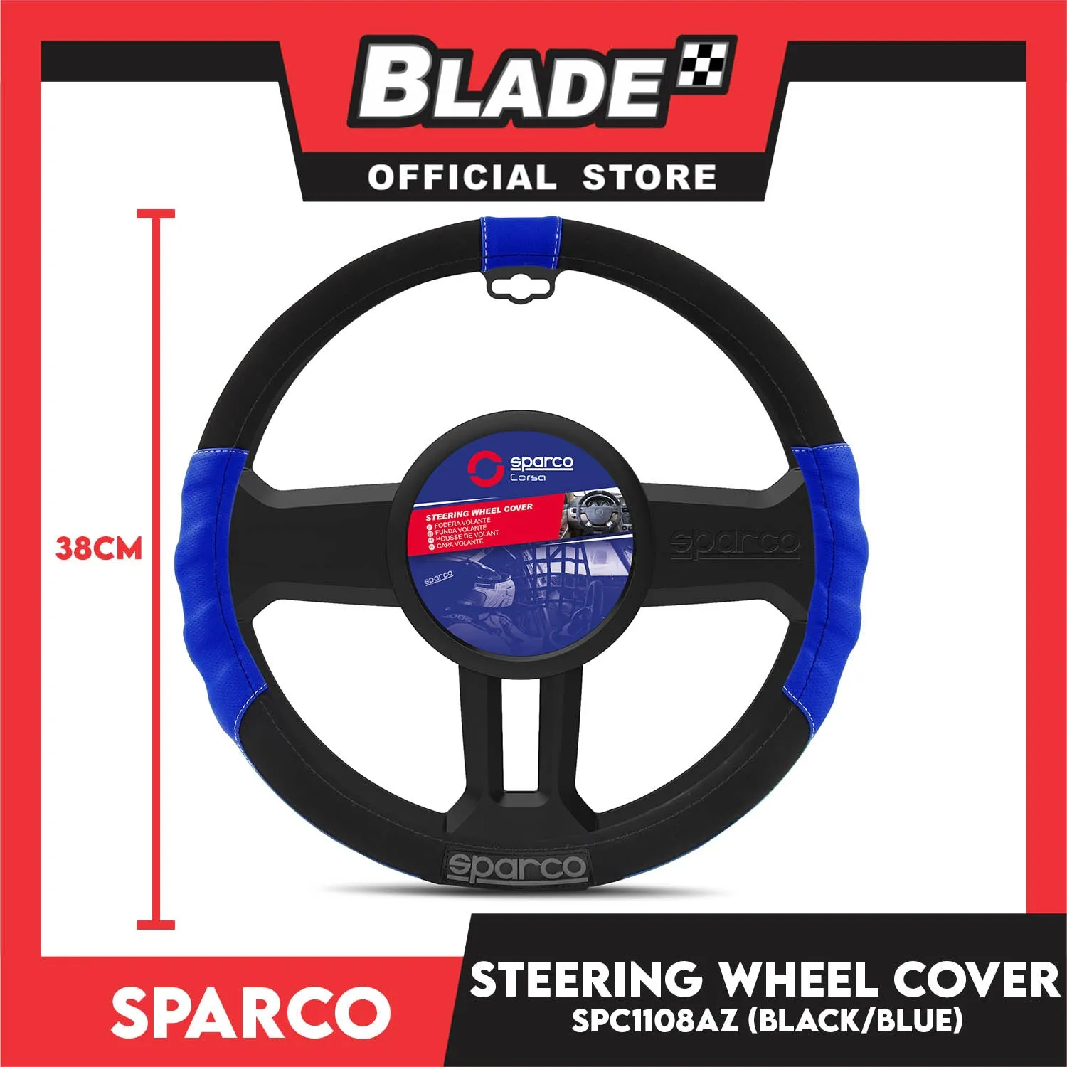 Sparco Steering Wheel Cover SPC1108AZ (Black/Blue) for Toyota, Mitsubishi, Honda, Hyundai, Ford, Nissan, Suzuki, Isuzu, Kia, MG and more