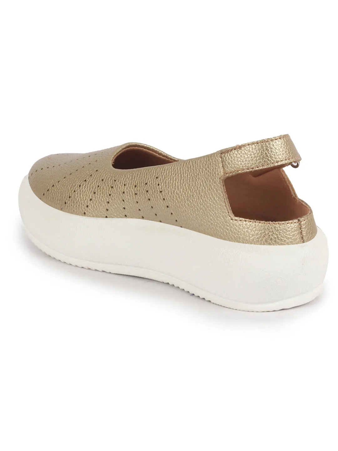 Women Gold Breathable Lazer Cut Design With Backstrap Height Enhancer Hook And Loop Slip On Shoes | Slingback Casual Platform Sandals| Cusioned Insole