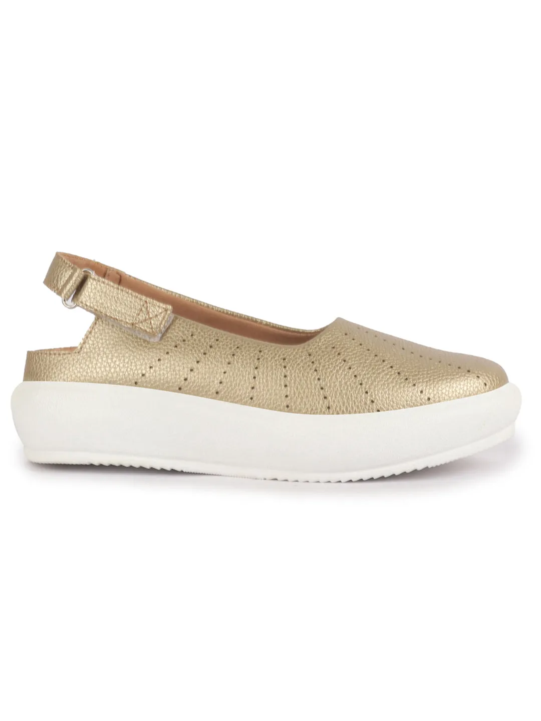 Women Gold Breathable Lazer Cut Design With Backstrap Height Enhancer Hook And Loop Slip On Shoes | Slingback Casual Platform Sandals| Cusioned Insole