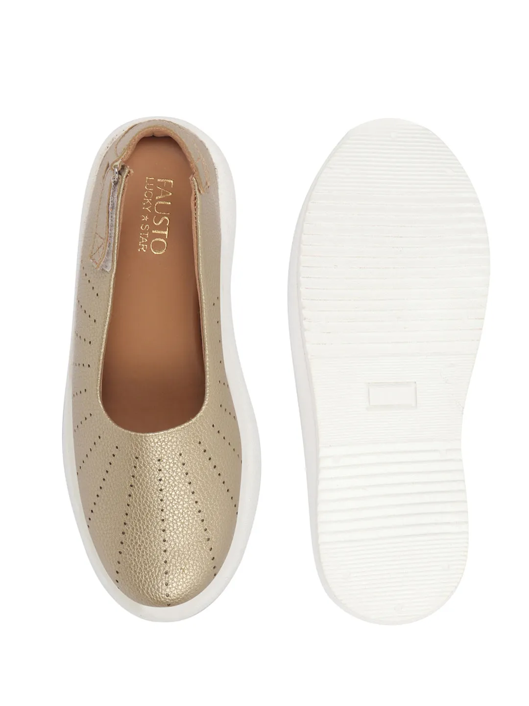 Women Gold Breathable Lazer Cut Design With Backstrap Height Enhancer Hook And Loop Slip On Shoes | Slingback Casual Platform Sandals| Cusioned Insole