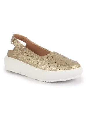 Women Gold Breathable Lazer Cut Design With Backstrap Height Enhancer Hook And Loop Slip On Shoes | Slingback Casual Platform Sandals| Cusioned Insole