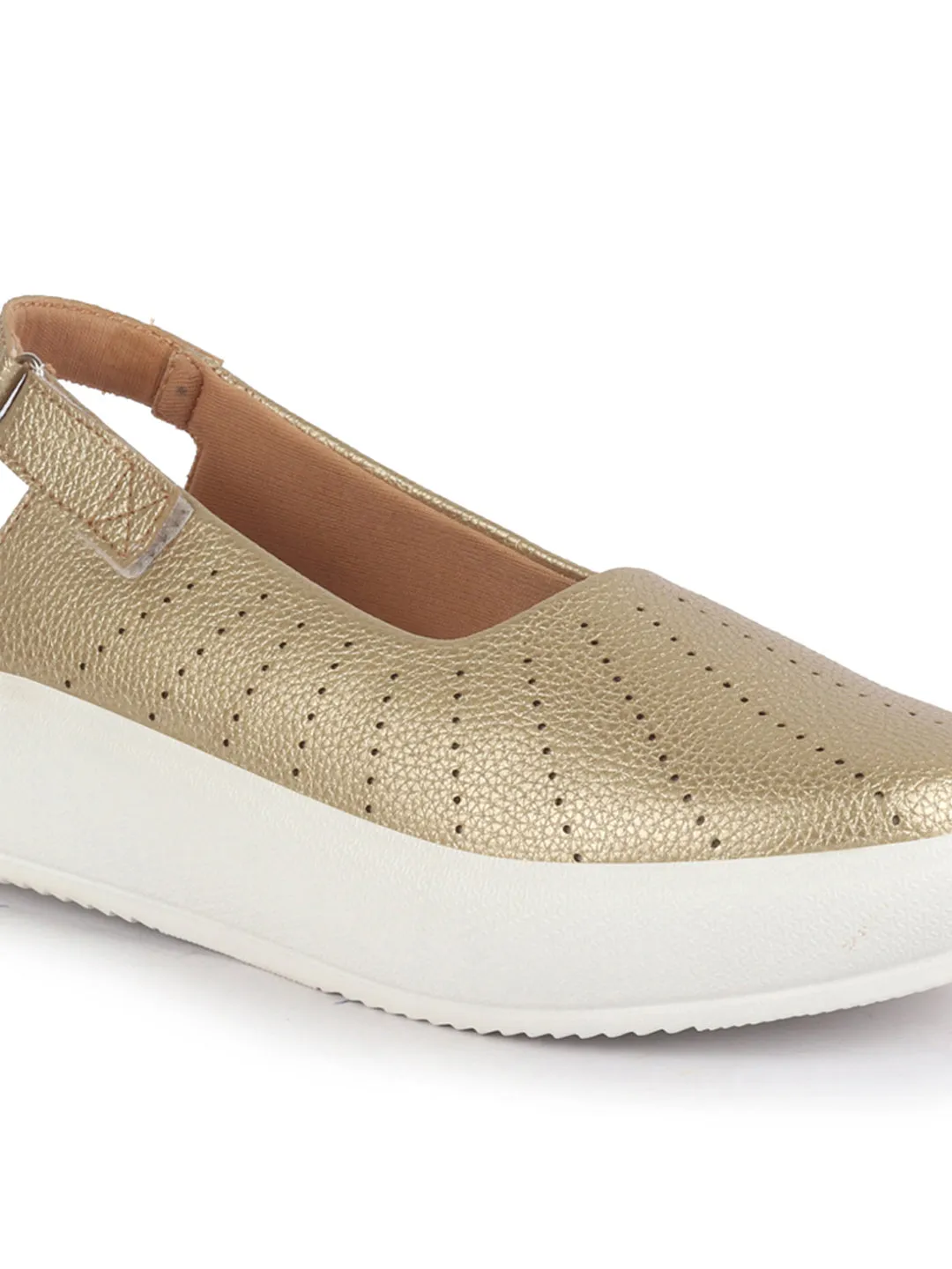 Women Gold Breathable Lazer Cut Design With Backstrap Height Enhancer Hook And Loop Slip On Shoes | Slingback Casual Platform Sandals| Cusioned Insole