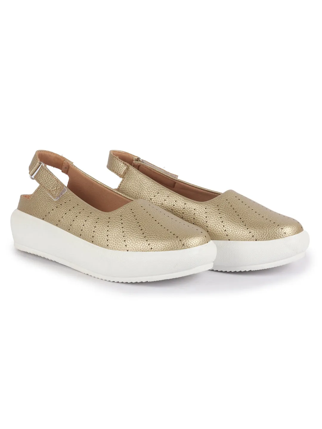 Women Gold Breathable Lazer Cut Design With Backstrap Height Enhancer Hook And Loop Slip On Shoes | Slingback Casual Platform Sandals| Cusioned Insole