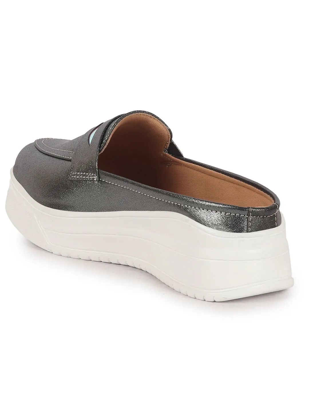 Women Grey Classic Comfort Height Enhancer Shiny Glitter Back Open Slip On Mule Shoes|Casual Slip On Walking Shoe