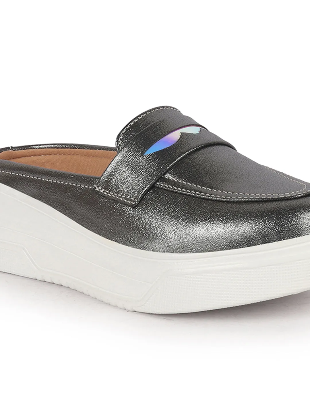 Women Grey Classic Comfort Height Enhancer Shiny Glitter Back Open Slip On Mule Shoes|Casual Slip On Walking Shoe
