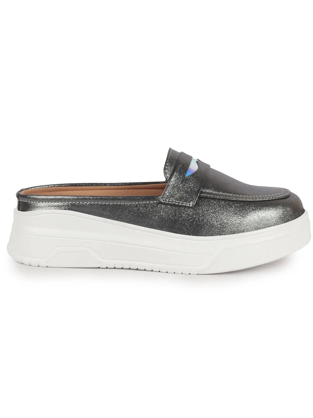 Women Grey Classic Comfort Height Enhancer Shiny Glitter Back Open Slip On Mule Shoes|Casual Slip On Walking Shoe