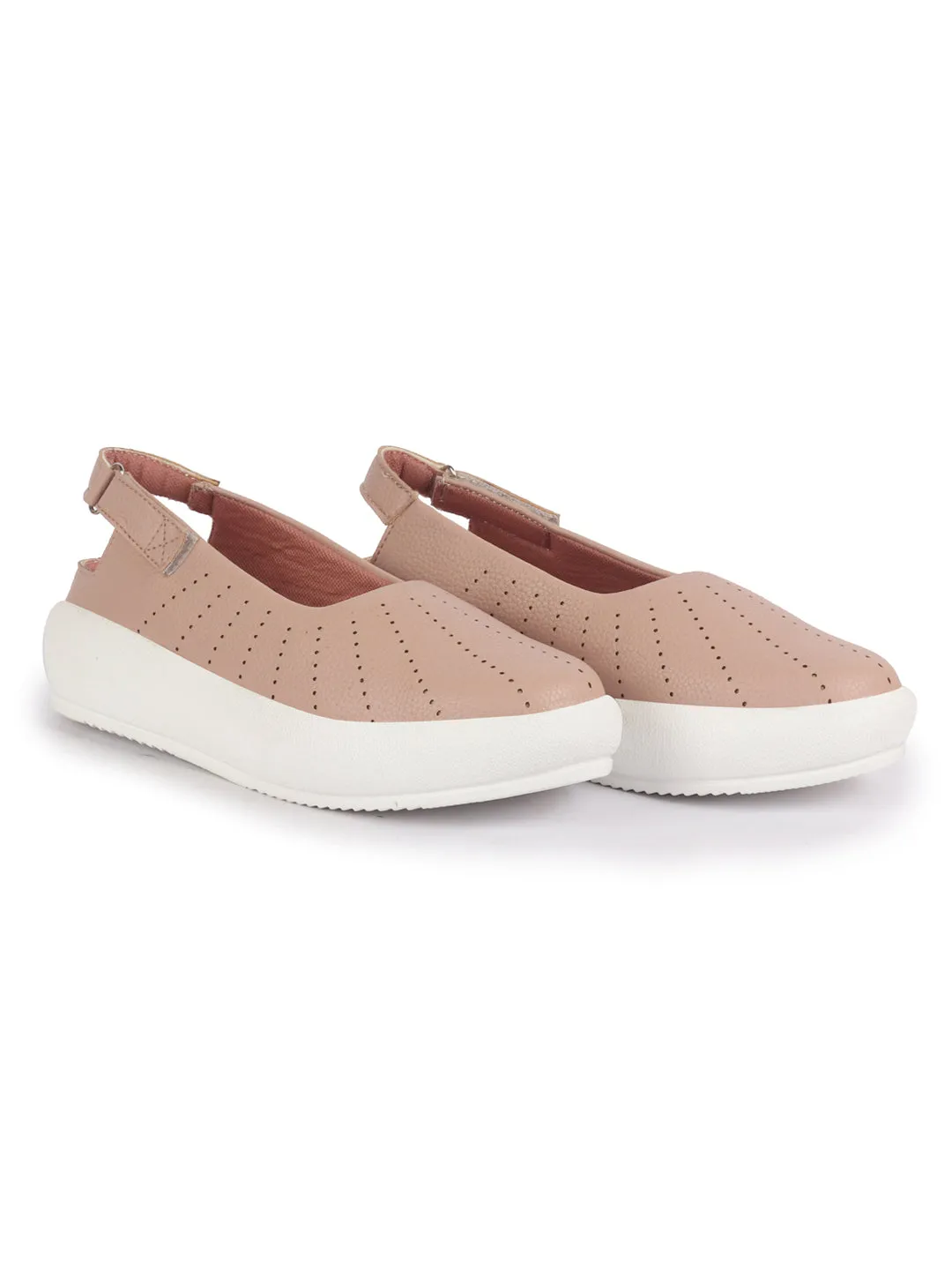 Women Peach Breathable Lazer Cut Design With Backstrap Height Enhancer Hook And Loop Slip On Shoes | Slingback Casual Platform Sandals| Cusioned Insole