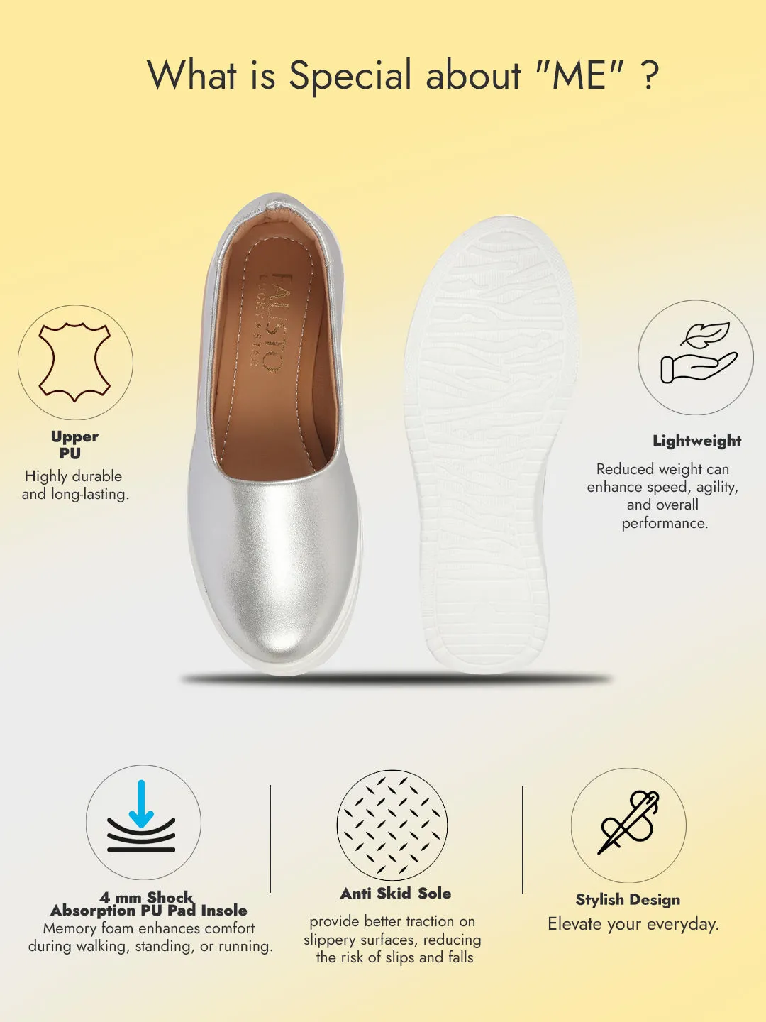 Women Silver Height Enhancer Lightweight Glitter Slip On Shoes|Memory Cushion Insole|Party Slip On All Season Casual Shoe