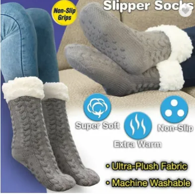 Women's Grey knitted warm lined Cozy Slipper Socks for shoe sizes 6-10