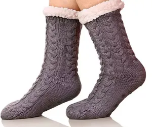 Women's Grey knitted warm lined Cozy Slipper Socks for shoe sizes 6-10