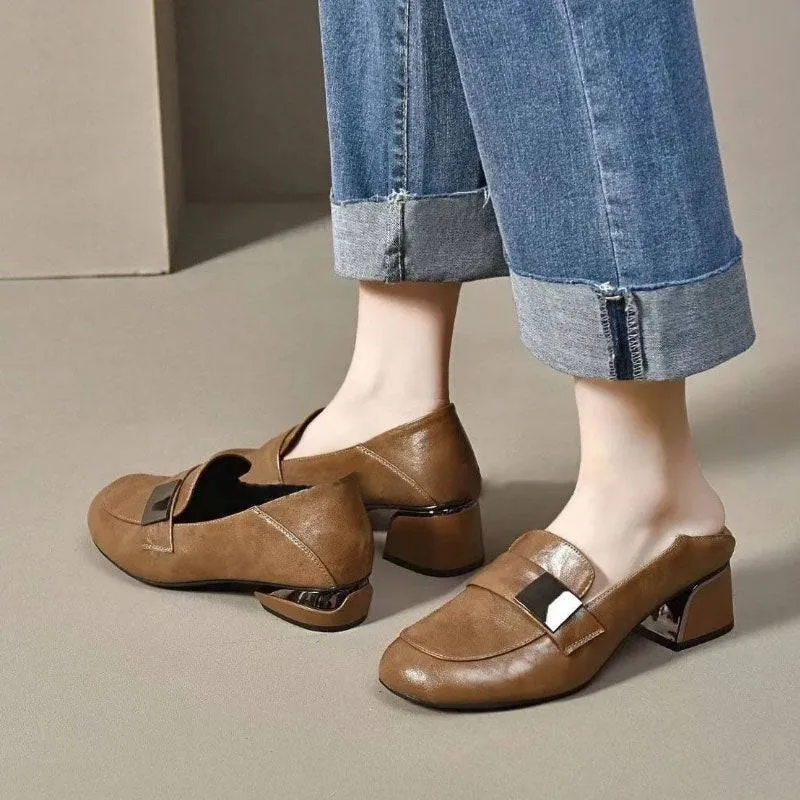 Women's Round Toe Thick Heel Flat Shoes